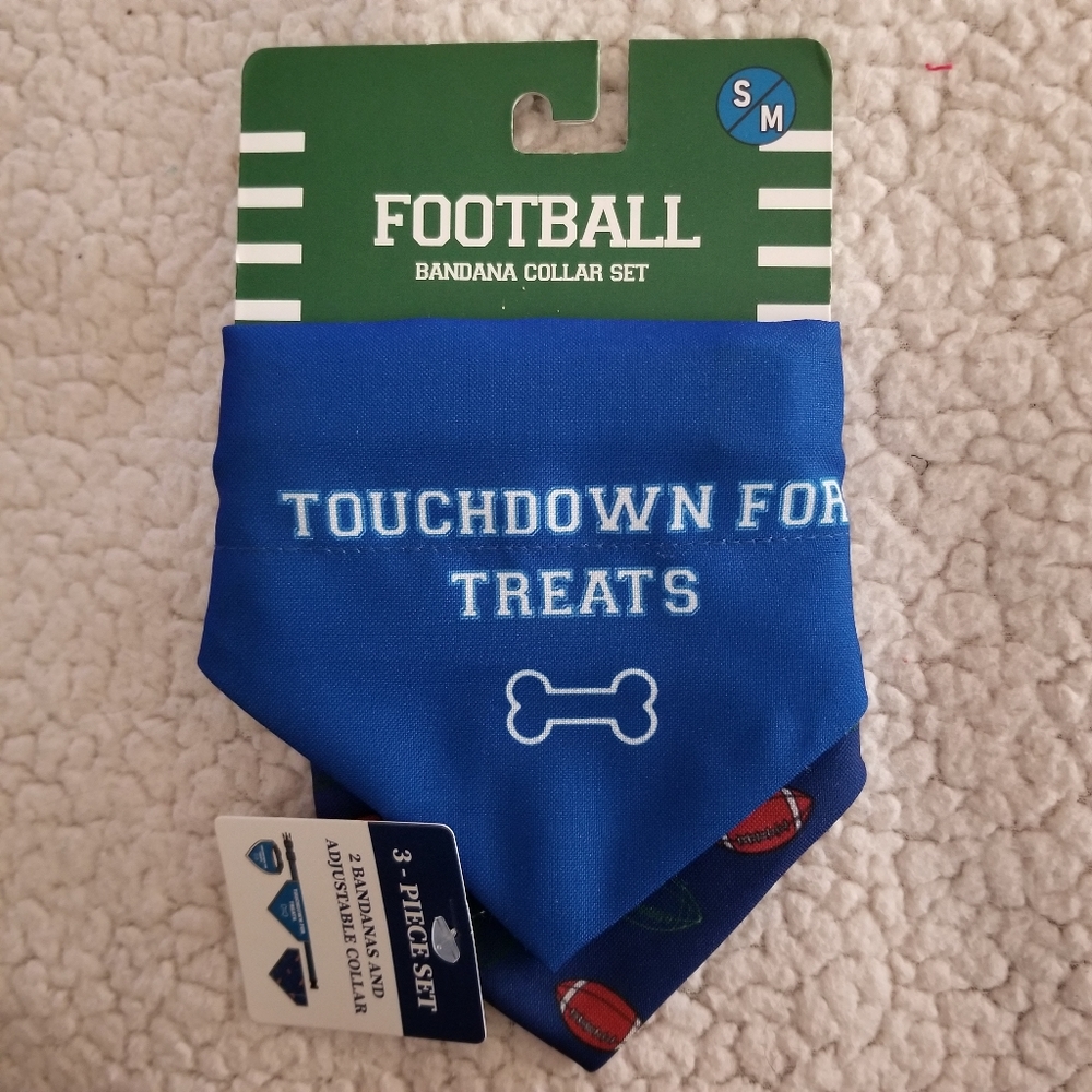 Game Day Football Dog Bandana Collar Set Blue Pet Scarf NWT S/M